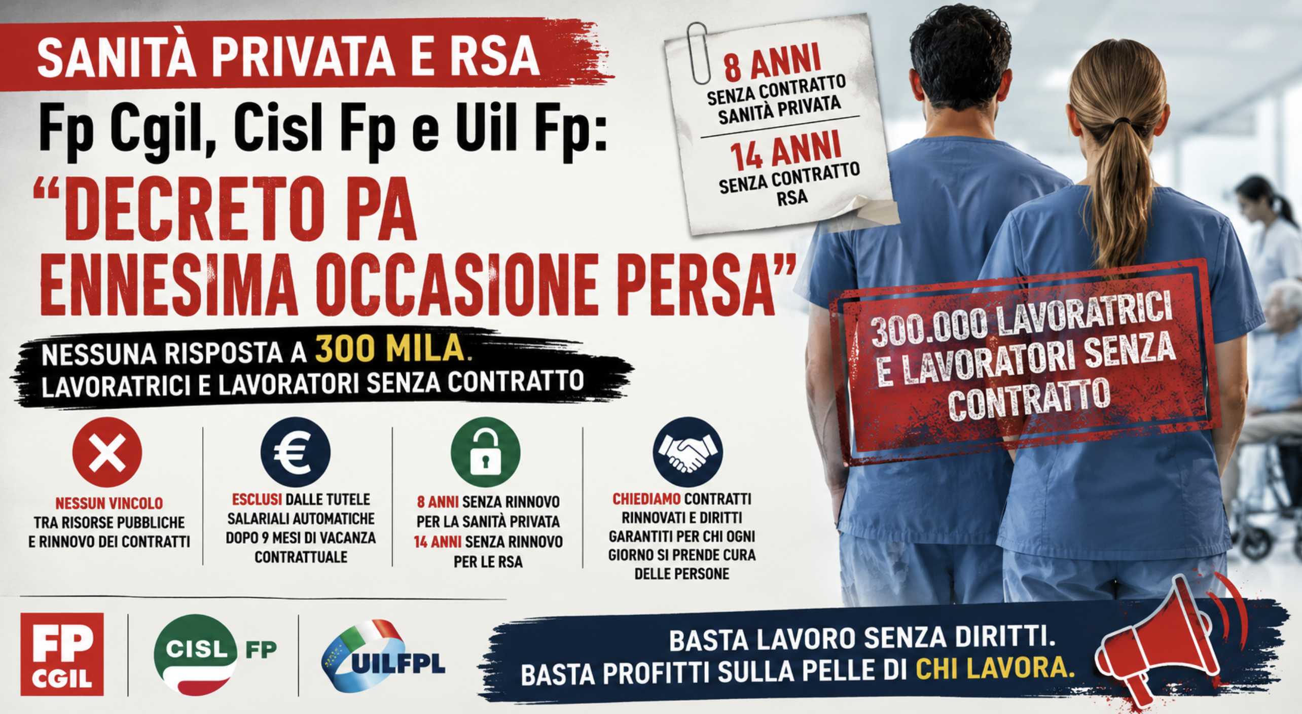 Sanità privata e RSA. Fp Cgil, Cisl Fp e Uil Fp: “Decreto PA ennesima occasione persa