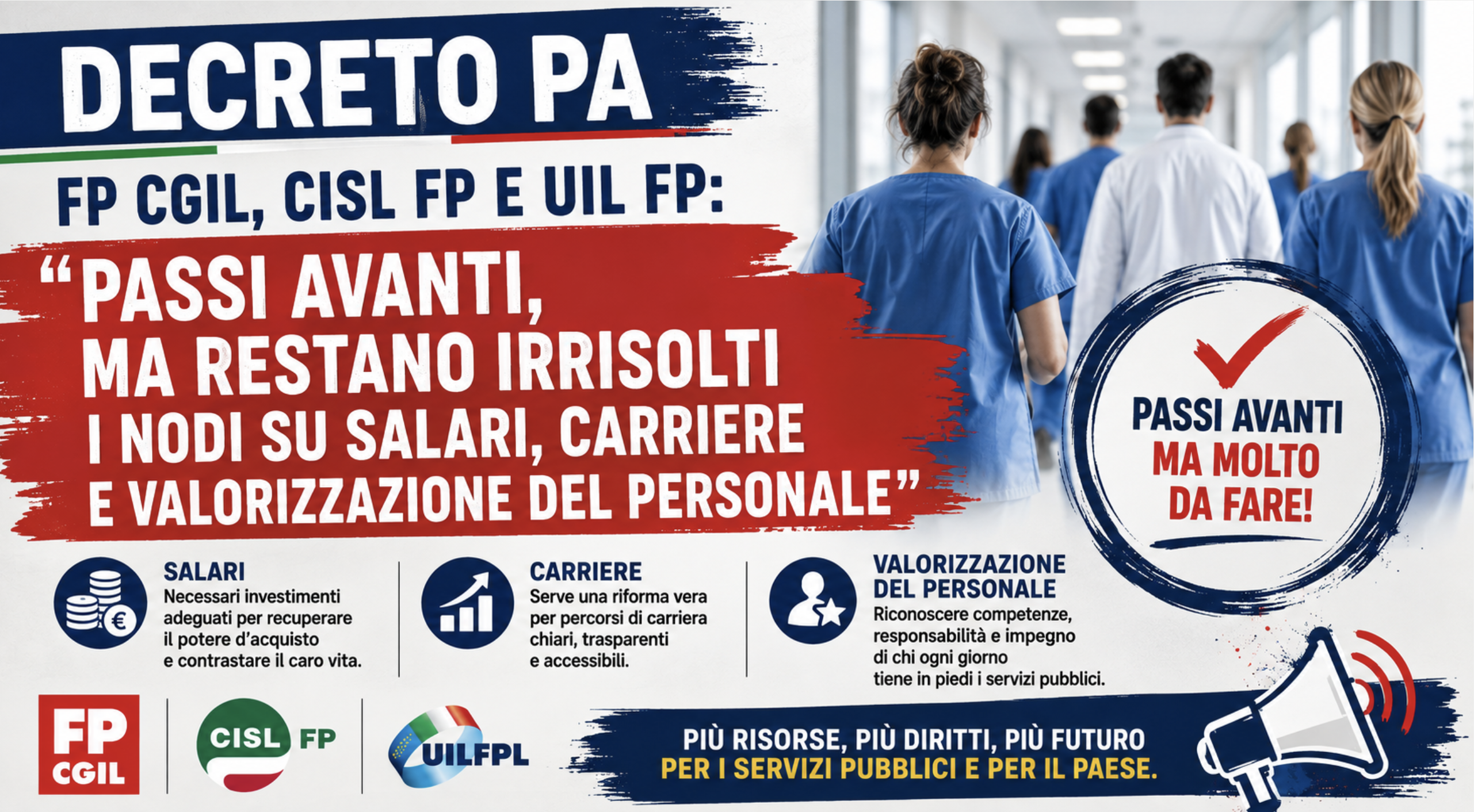 Decreto PA. Fp Cgil, Cisl Fp e Uil Fp: “Passi avanti, ma restano irrisolti i nodi su salari, carriere e valorizzazione del personale"